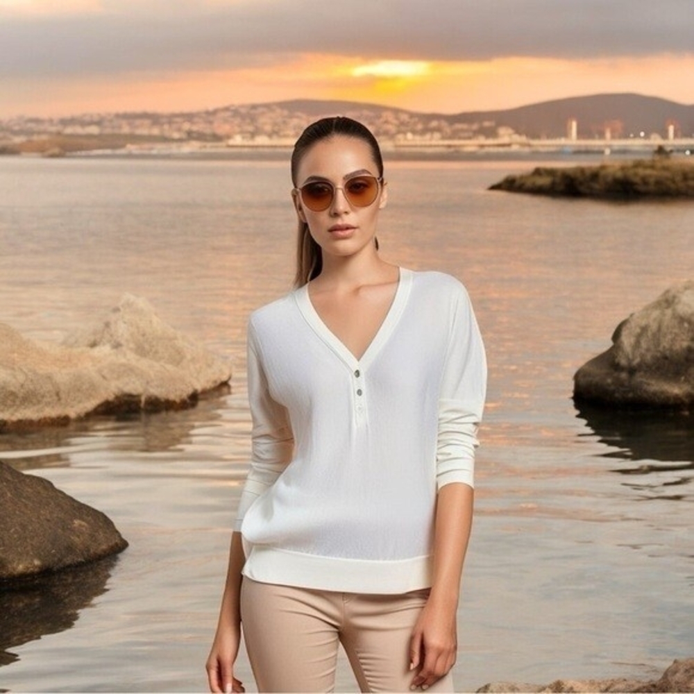 Ralph Lauren Womens Sweater White Cotton V Neck Half Button LRL Lightweight NWT